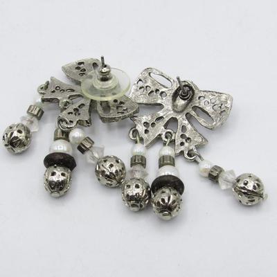 Cute Faux Beaded Silver Tone Bow Dangling Pin Earrings