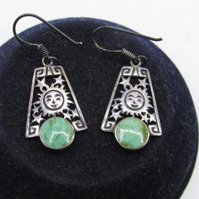 Sterling Silver Dangling Earrings with Turquoise Stone Celestial Sun & Moon