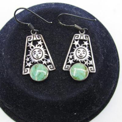 Sterling Silver Dangling Earrings with Turquoise Stone Celestial Sun & Moon