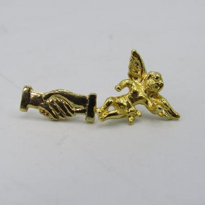 Small Gold Tone Religious Earrings Cherub Winged Angel & Friendly Shaking Hands Lapel Pins