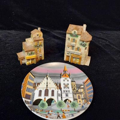 DETAILED POOLE POTTERY PLATE ENGLAND AND 2 J CARLTON BUILDINGS