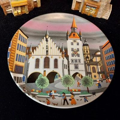 DETAILED POOLE POTTERY PLATE ENGLAND AND 2 J CARLTON BUILDINGS