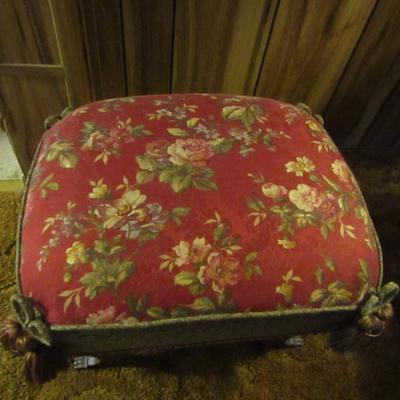Vintage Wood Frame Ottoman with Upholstered Top with Claw Feet