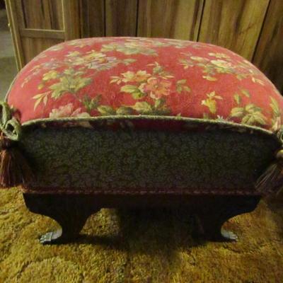 Vintage Wood Frame Ottoman with Upholstered Top with Claw Feet