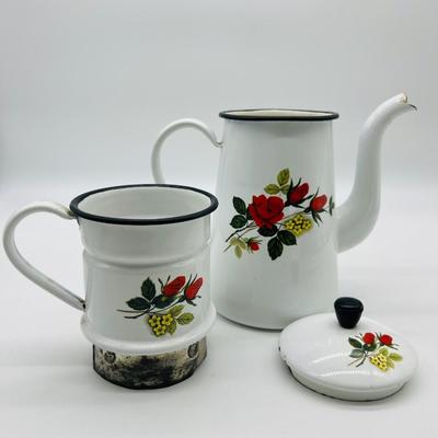 Vintage Enamel Coffee Pot With Rose Design