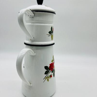 Vintage Enamel Coffee Pot With Rose Design