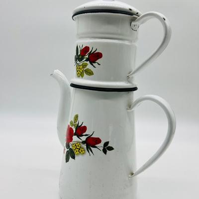Vintage Enamel Coffee Pot With Rose Design
