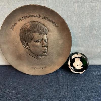 Lot 75, JFK pewter limited edition, 9 inch plate, and John and Jackie Kennedy glass paperweight