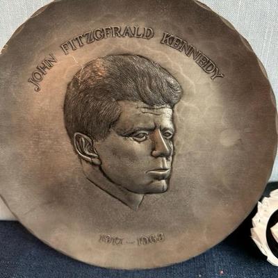Lot 75, JFK pewter limited edition, 9 inch plate, and John and Jackie Kennedy glass paperweight