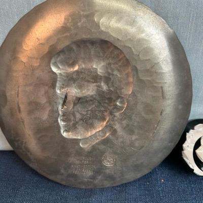 Lot 75, JFK pewter limited edition, 9 inch plate, and John and Jackie Kennedy glass paperweight
