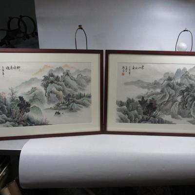 Lot of 2  - Chinese Ink & Watercolor Landscape Painting signed framed