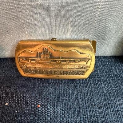 Lot 76, USS, John F Kennedy belt buckle + 2 paperweight coins