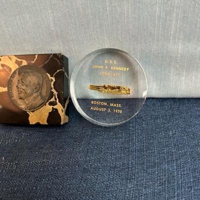 Lot 82  Kennedy paperweights, two glass, one acrylic one marble