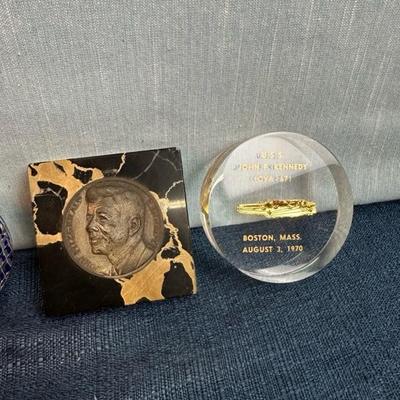 Lot 82  Kennedy paperweights, two glass, one acrylic one marble