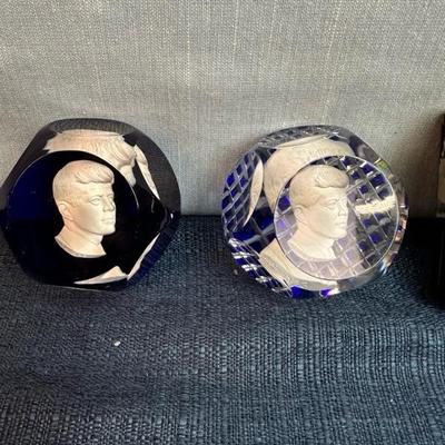 Lot 82  Kennedy paperweights, two glass, one acrylic one marble