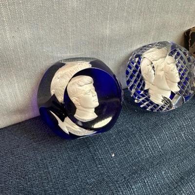 Lot 82  Kennedy paperweights, two glass, one acrylic one marble