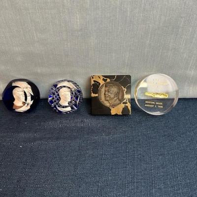 Lot 82  Kennedy paperweights, two glass, one acrylic one marble