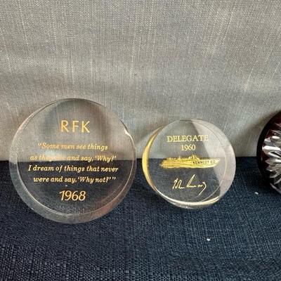 Lot 80, Kennedy paperweights, two Acrylic two glass