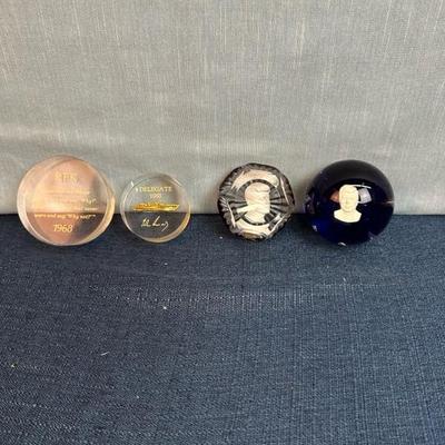 Lot 80, Kennedy paperweights, two Acrylic two glass