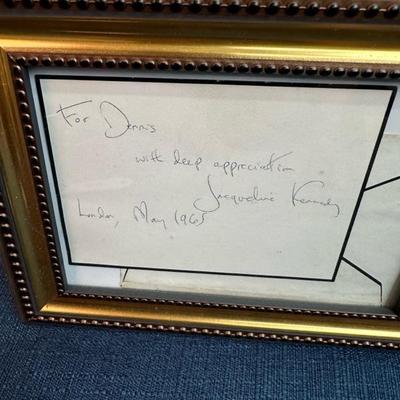 Lot 89 note card, written, and signed by Jacqueline Kennedy