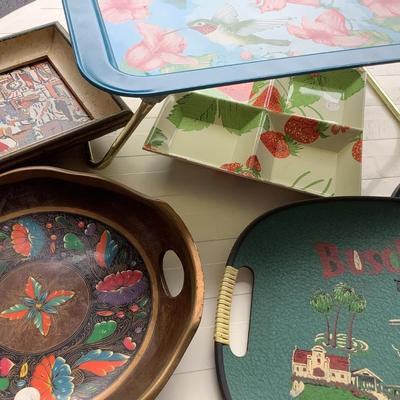 Vintage Trays-TV tray with hummingbirds, strawberries, floral tray is a lazy susan, Irish tea towel & oven glove-8pieces