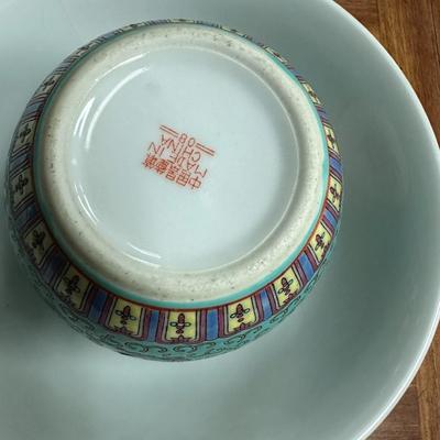 Bowl and vase Chinese Famillia Rose Turquoise