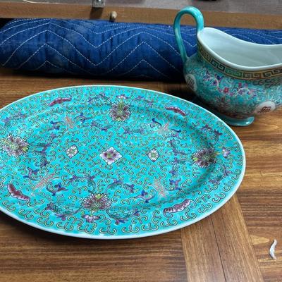 Chinese turquoise platter and gravy boat