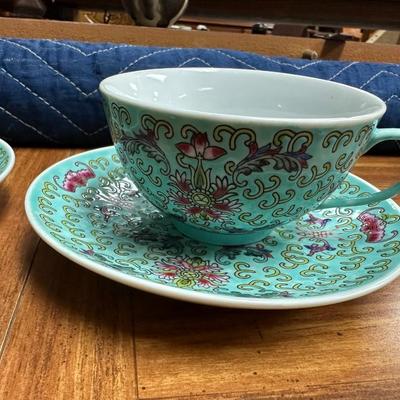 Pair of Chinese turquoise tea cups and saucers