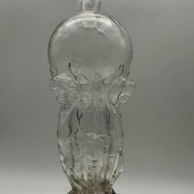 French LeGras Fgural Glass Decanter Bottle: 3 Cherubs Supporting a Globe