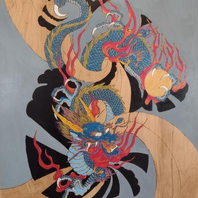 Framed Original Pyrography Art Chinese Dragon Asheville Artist Jahn Morrison