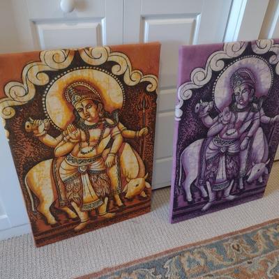 Pair of Textile Art Prints Goddess Shiva Gold Tone and Lavendar Tone