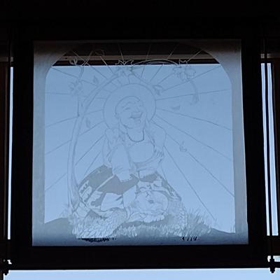 Window Frame Etched Glass Buddha Sitting on Turtle by Asheville Artist Jahn Morrison