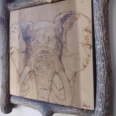 Rustic Framed Pyrographic Original Art Elephant by Asheville Artist Jahn Morrison