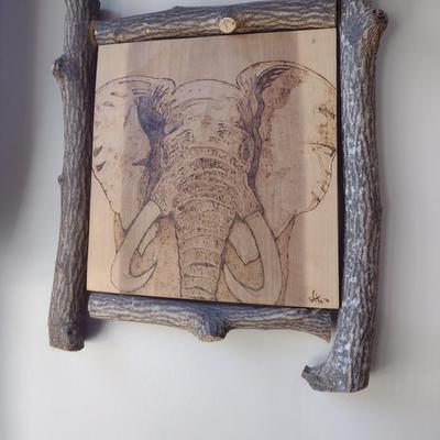 Rustic Framed Pyrographic Original Art Elephant by Asheville Artist Jahn Morrison