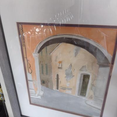 Framed Art Watercolor Old Country Village Portico