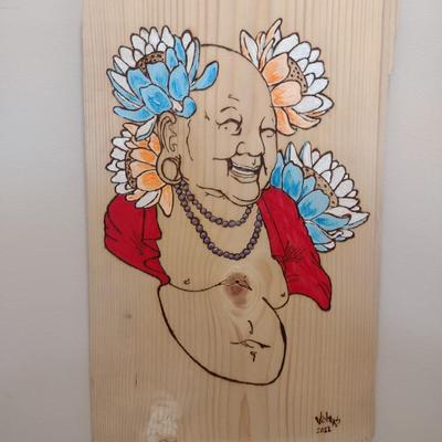 Unframed Pyrographic Hand Painted Buddha by Asheville Artist Jahn Morrison