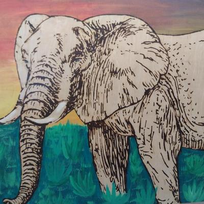 Unframed Pyrographic Hand Painted Elephant by Asheville Artist Jahn Morrison