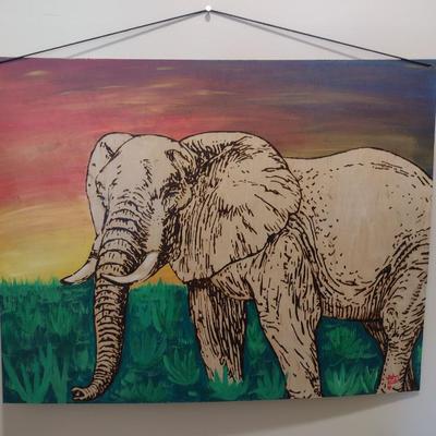 Unframed Pyrographic Hand Painted Elephant by Asheville Artist Jahn Morrison