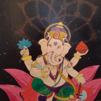 Framed Pyrographic Hand Painted Ganesha by Asheville Artist Jahn Morrison