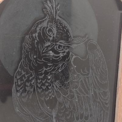 Wood Framed Art Etched Glass Owl by Asheville Artist Jahn Morrison