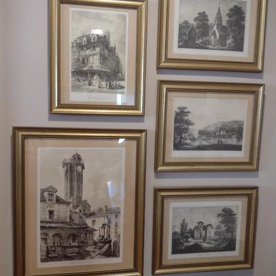 Set of Five Framed Art Print Etchings European Architecture Streetscapes
