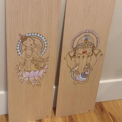 Unframed Pyrographic Hand Painted Ganesh and Ganesha by Asheville Artist Jahn Morrison