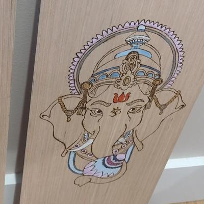 Unframed Pyrographic Hand Painted Ganesh and Ganesha by Asheville Artist Jahn Morrison