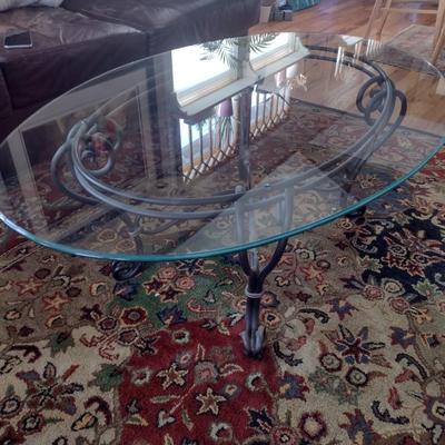 Wrought Metal Frame Oval Glass Top Coffee Table