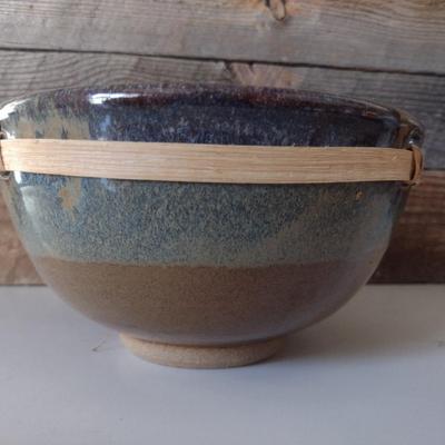 Hand Thrown Pottery Bowl with Splint Wood Trim Accent by Fran Symes