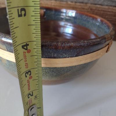 Hand Thrown Pottery Bowl with Splint Wood Trim Accent by Fran Symes