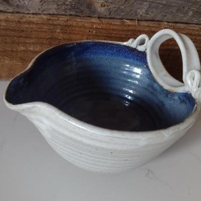 Hand Thrown Pottery White and Blue Bowl with Pour Spout and Applied Ribbon Design Handle by Fran Symes