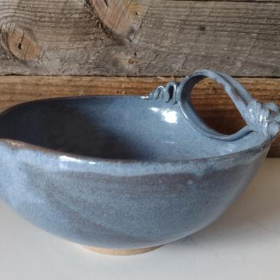 Hand Thrown Pottery Blue Bowl with Pour Spout and Applied Ribbon Design Handle by Fran Symes