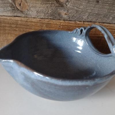 Hand Thrown Pottery Blue Bowl with Pour Spout and Applied Ribbon Design Handle by Fran Symes