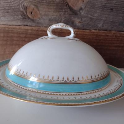 Antique Dome Lid Butter Dish with Gold Trim and Teal Banding